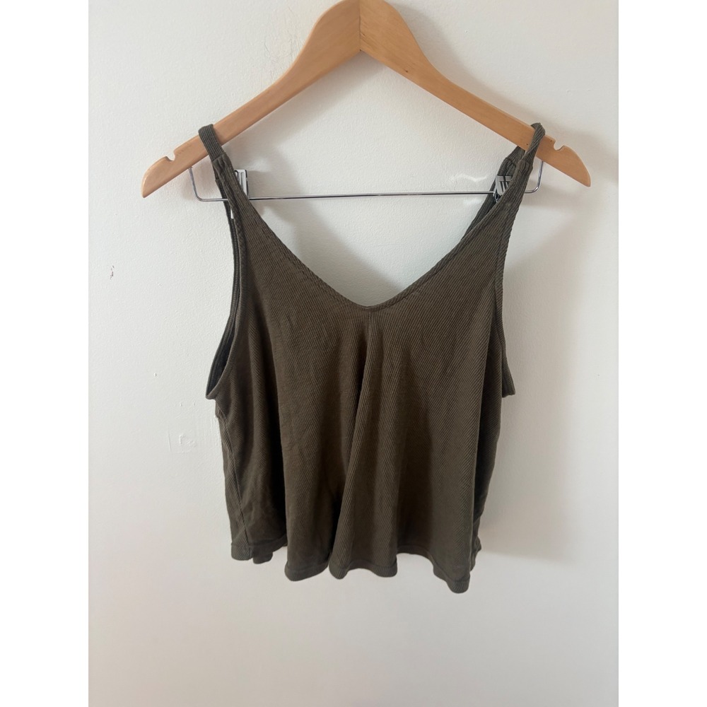 Intimately Free People Olive Green Ribbed V-Neck Cropped Tank Top Size Small P